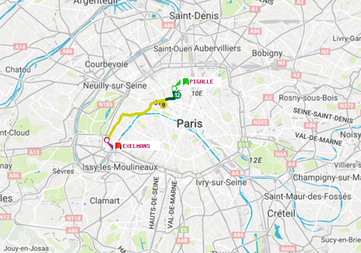 plan itinéraire ratp de Pigalle à Exelmans