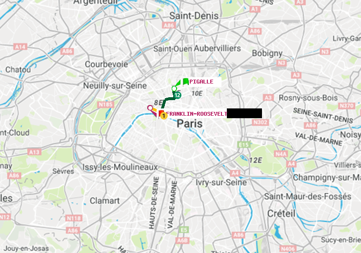 plan itinéraire ratp de Pigalle à Franklin-Roosevelt