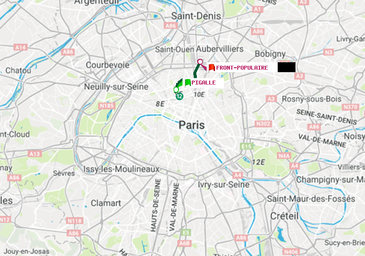 plan itinéraire ratp de Pigalle à Front Populaire