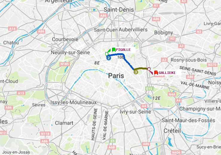 plan itinéraire ratp de Pigalle à Gallieni (Parc de Bagnolet)