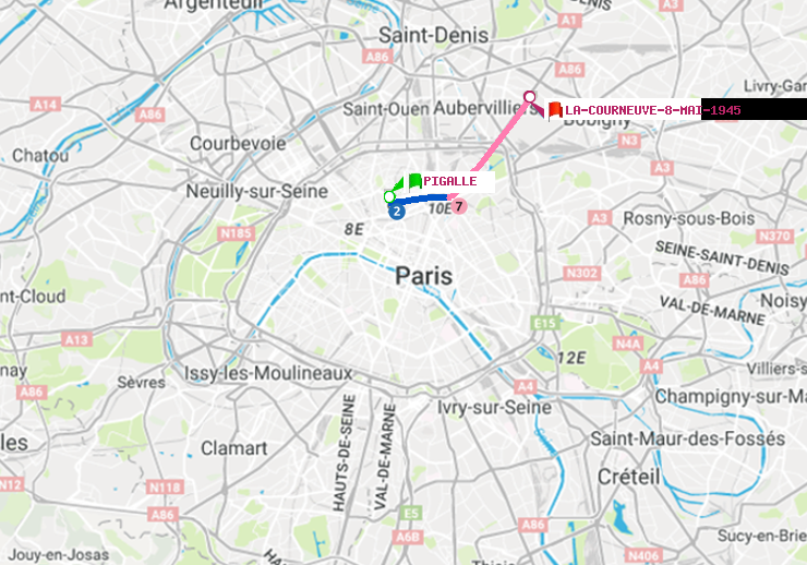 plan itinéraire ratp de Pigalle à La Courneuve-8-Mai-1945