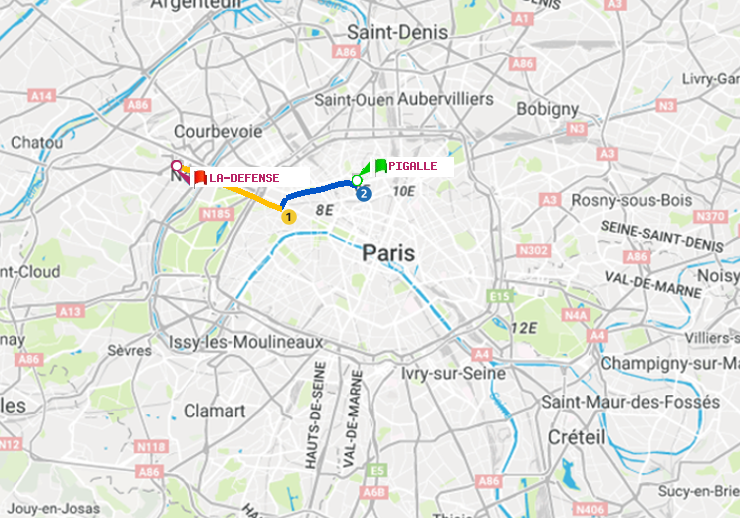 plan itinéraire ratp de Pigalle à La Défense (Grande Arche)