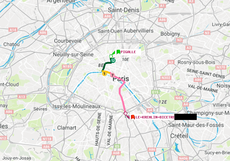 plan itinéraire ratp de Pigalle à Le Kremlin-Bicêtre