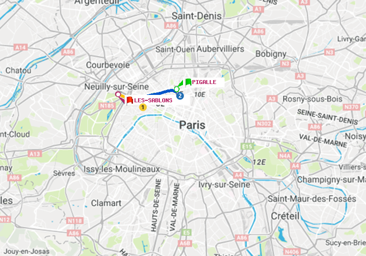 plan itinéraire ratp de Pigalle à Les Sablons (Jardin d