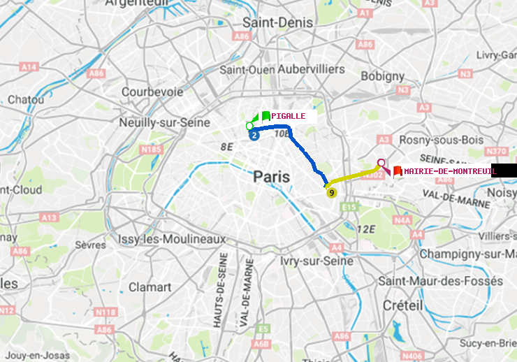 plan itinéraire ratp de Pigalle à Mairie de Montreuil