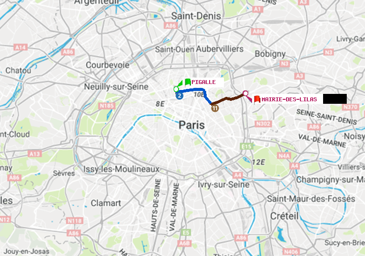 plan itinéraire ratp de Pigalle à Mairie des Lilas
