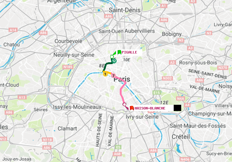 plan itinéraire ratp de Pigalle à Maison Blanche