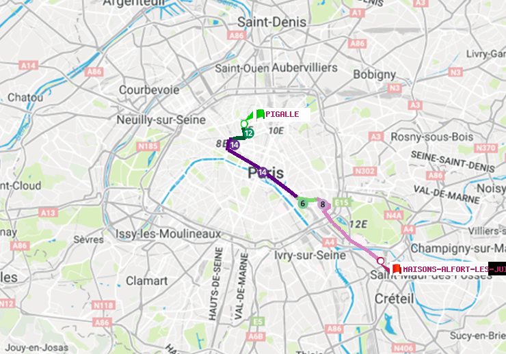 plan itinéraire ratp de Pigalle à Maisons-Alfort-Les Juilliottes
