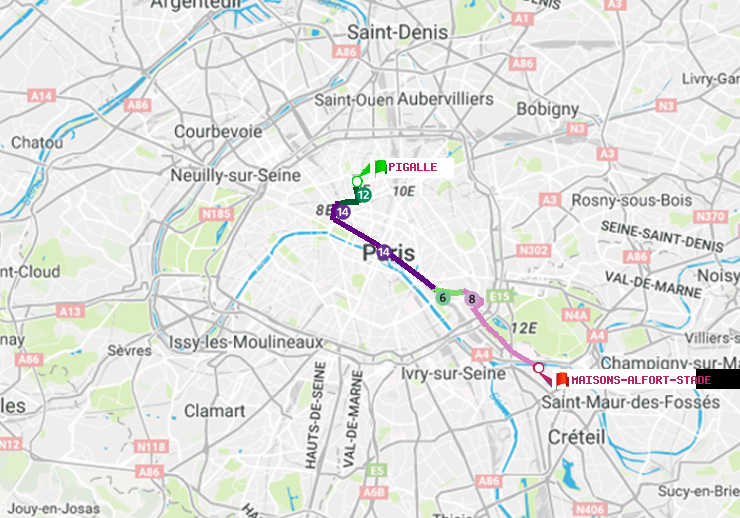 plan itinéraire ratp de Pigalle à Maisons-Alfort-Stade