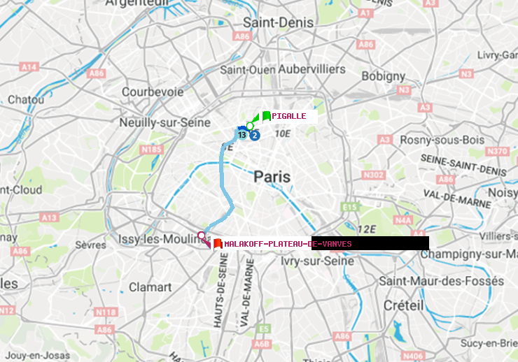 plan itinéraire ratp de Pigalle à Malakoff-Plateau de Vanves