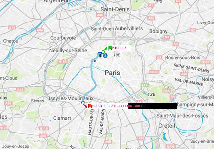 plan itinéraire ratp de Pigalle à Malakoff-Rue Etienne Dolet
