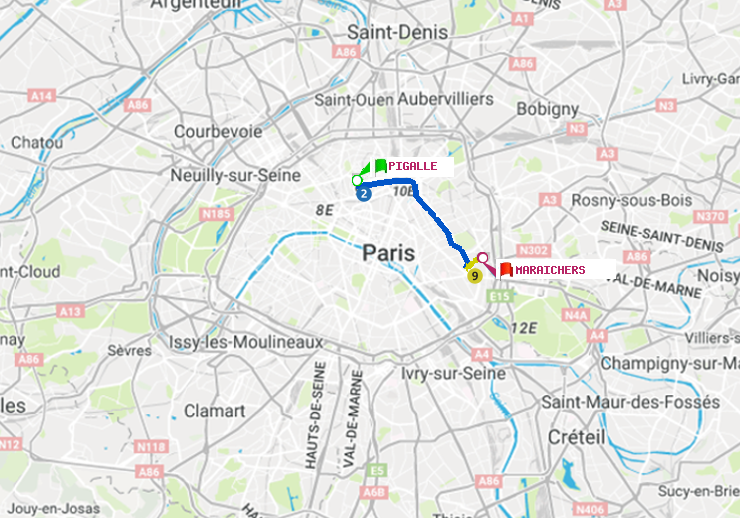 plan itinéraire ratp de Pigalle à Maraichers