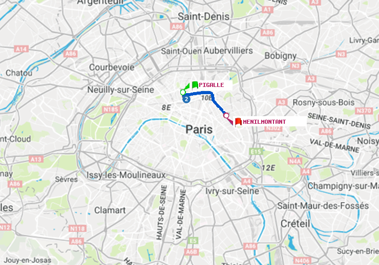 plan itinéraire ratp de Pigalle à Ménilmontant