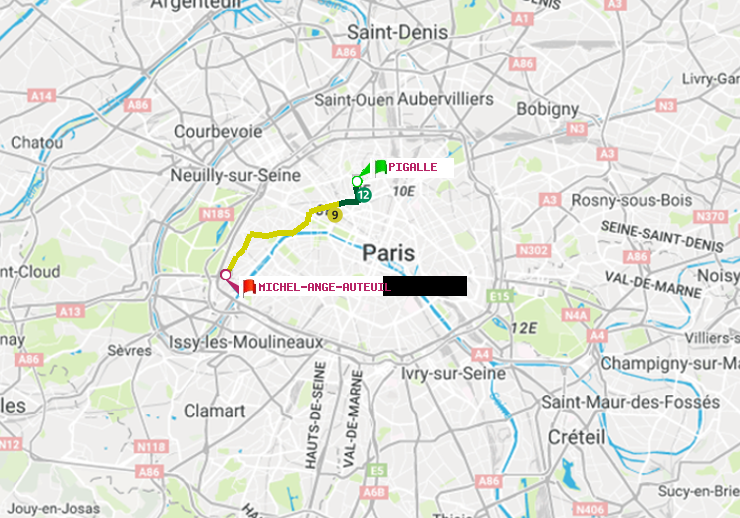 plan itinéraire ratp de Pigalle à Michel-Ange-Auteuil