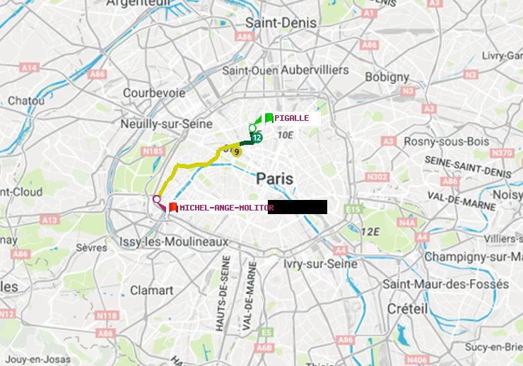 plan itinéraire ratp de Pigalle à Michel-Ange-Molitor