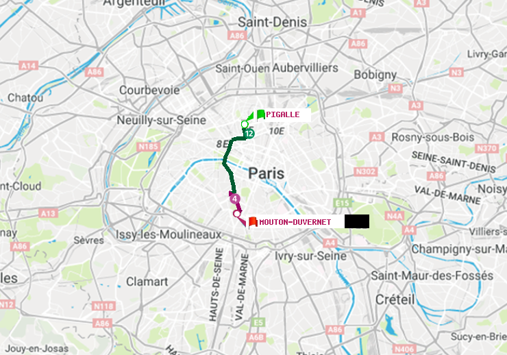 plan itinéraire ratp de Pigalle à Mouton-Duvernet