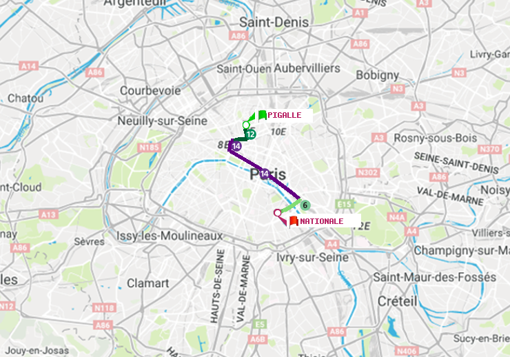 plan itinéraire ratp de Pigalle à Nationale