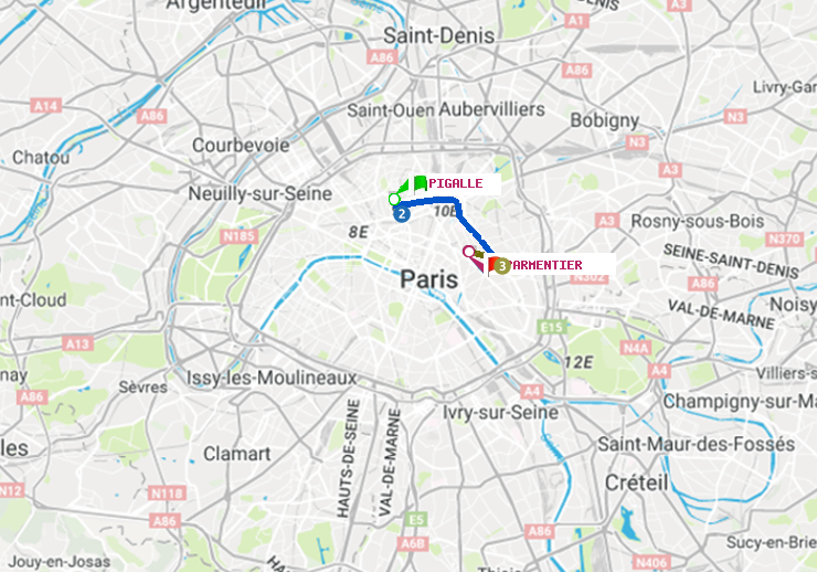 plan itinéraire ratp de Pigalle à Parmentier