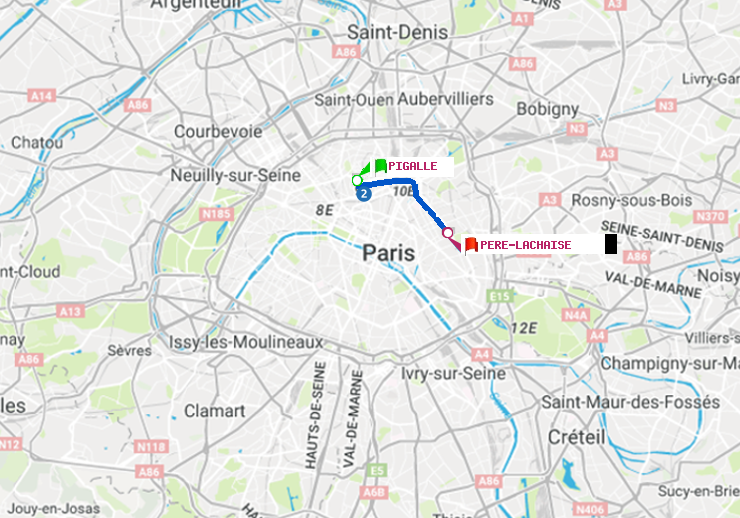 plan itinéraire ratp de Pigalle à Père-Lachaise