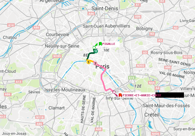 plan itinéraire ratp de Pigalle à Pierre et Marie Curie