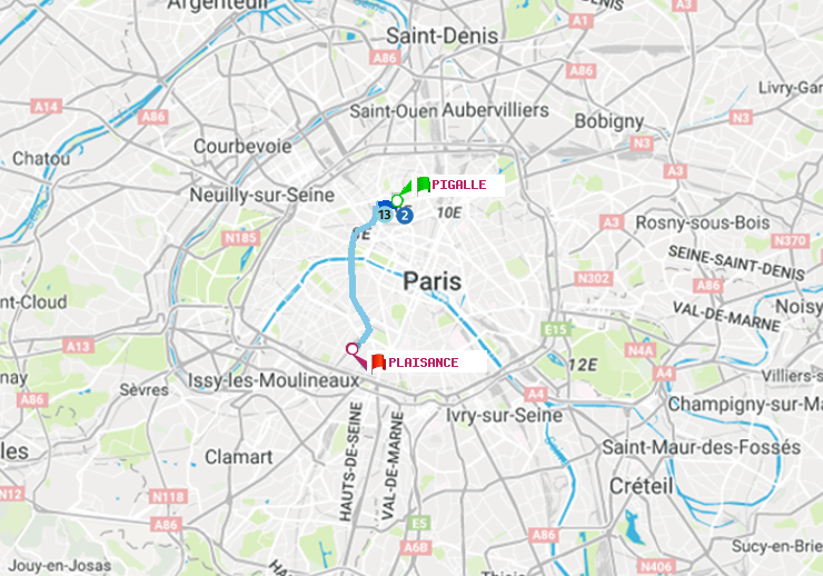 plan itinéraire ratp de Pigalle à Plaisance