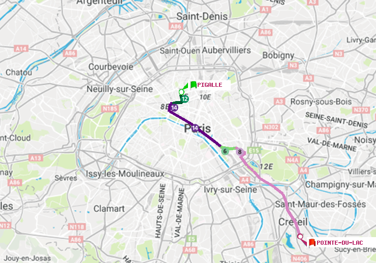 plan itinéraire ratp de Pigalle à Pointe du Lac