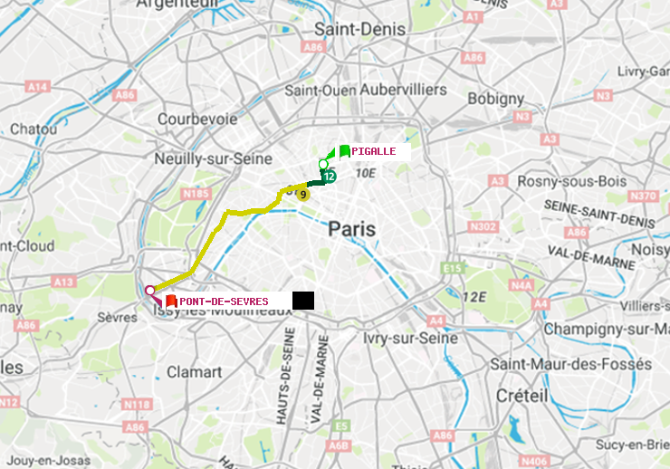 plan itinéraire ratp de Pigalle à Pont de Sèvres
