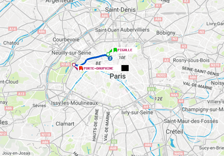 plan itinéraire ratp de Pigalle à Porte Dauphine (Maréchal de Lattre de Tassigny)