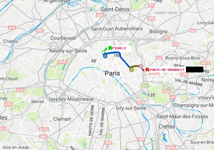 plan itinéraire ratp de Pigalle à Porte de Bagnolet