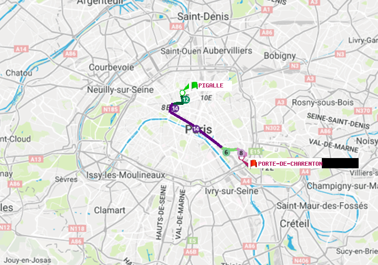 plan itinéraire ratp de Pigalle à Porte de Charenton