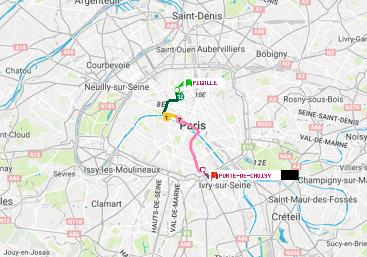 plan itinéraire ratp de Pigalle à Porte de Choisy