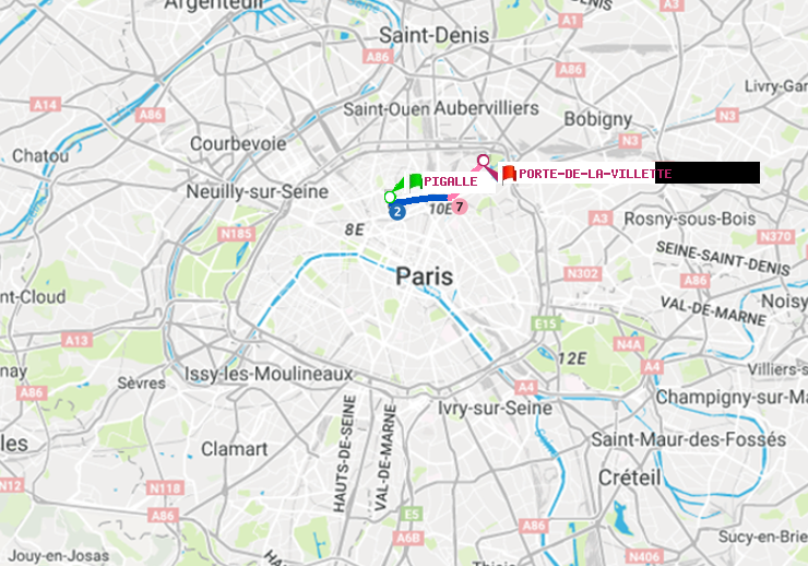 plan itinéraire ratp de Pigalle à Porte de la Villette