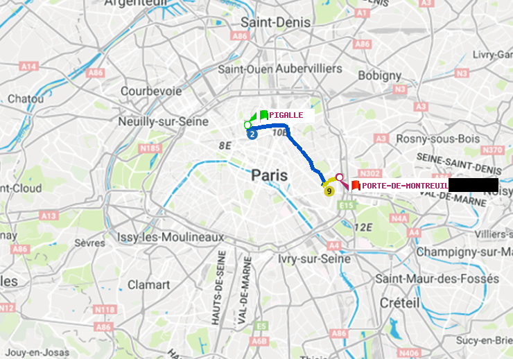 plan itinéraire ratp de Pigalle à Porte de Montreuil