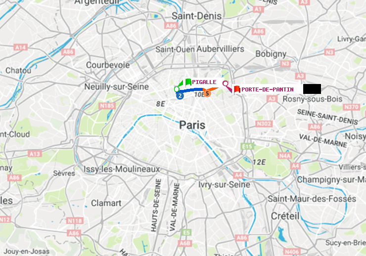 plan itinéraire ratp de Pigalle à Porte de Pantin