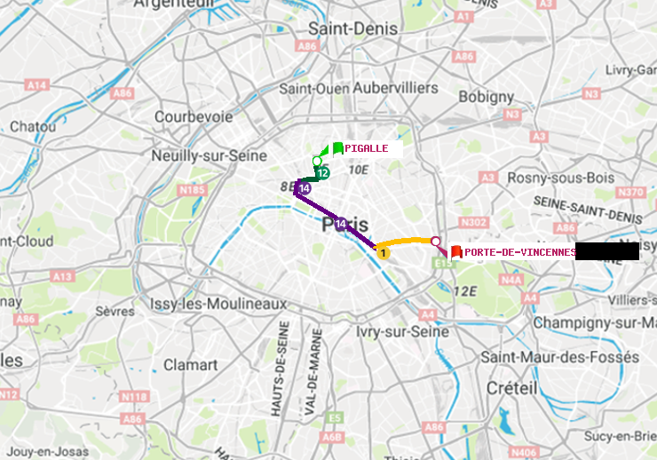 plan itinéraire ratp de Pigalle à Porte de Vincennes