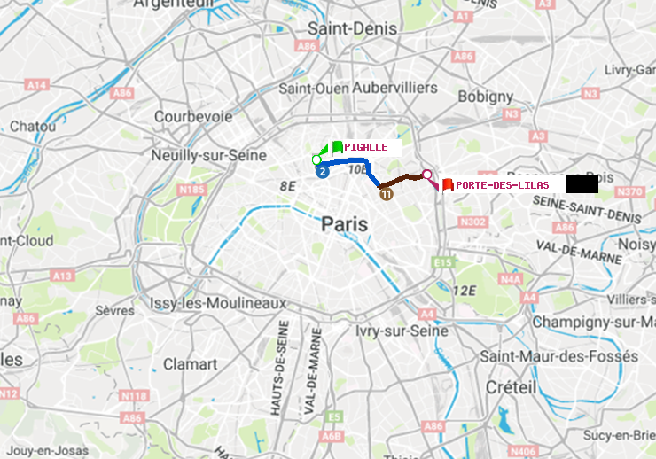 plan itinéraire ratp de Pigalle à Porte des Lilas