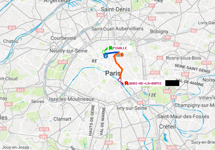 plan itinéraire ratp de Pigalle à Quai de la Rapée