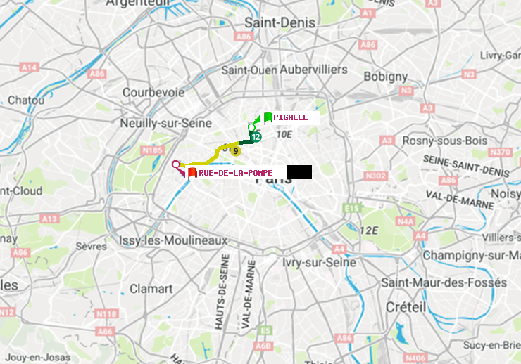 plan itinéraire ratp de Pigalle à Rue de la Pompe (Avenue Georges Mandel)