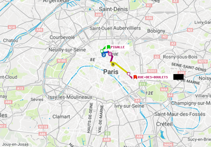 plan itinéraire ratp de Pigalle à Rue des Boulets
