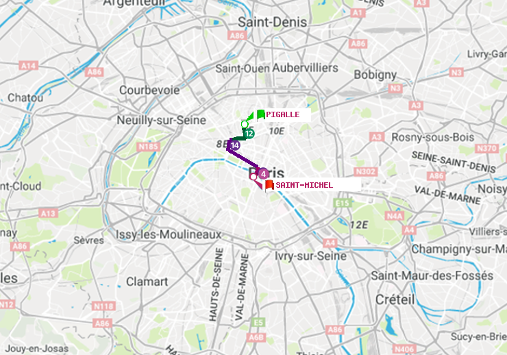 plan itinéraire ratp de Pigalle à Saint-Michel