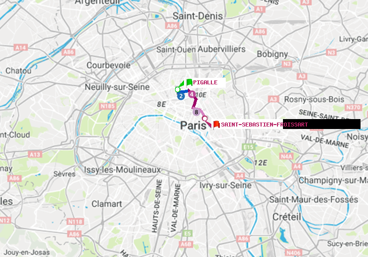 plan itinéraire ratp de Pigalle à Saint-Sébastien-Froissart