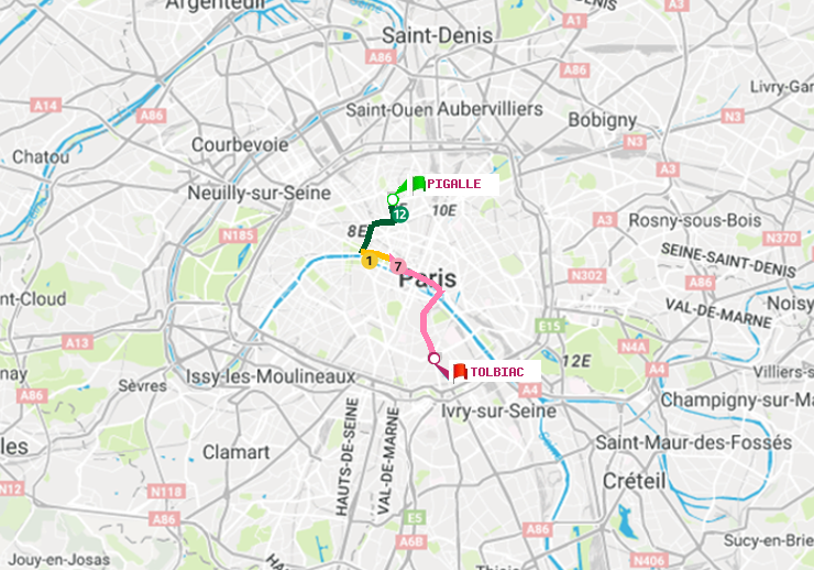 plan itinéraire ratp de Pigalle à Tolbiac