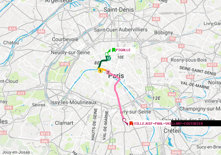 plan itinéraire ratp de Pigalle à Villejuif-Paul Vaillant Couturier (Hôpital Paul Brousse)
