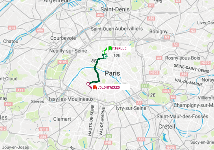 plan itinéraire ratp de Pigalle à Volontaires