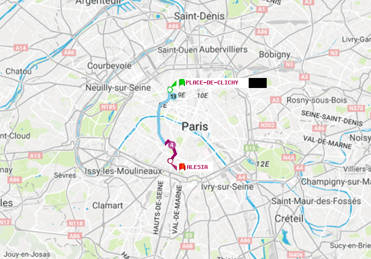 plan itinéraire ratp de Place de Clichy à Alésia