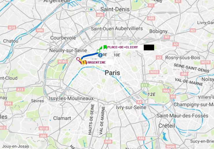 plan itinéraire ratp de Place de Clichy à Argentine