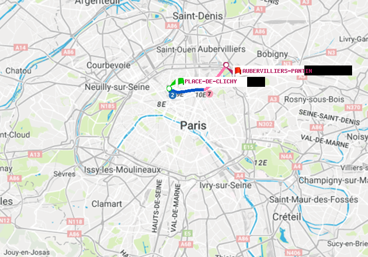 plan itinéraire ratp de Place de Clichy à Aubervilliers Pantin (4 Chemins)