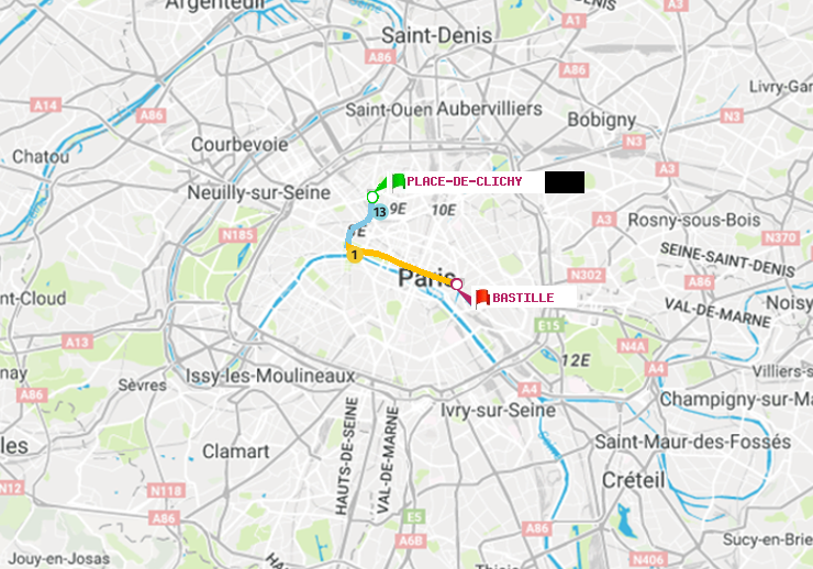 plan itinéraire ratp de Place de Clichy à Bastille