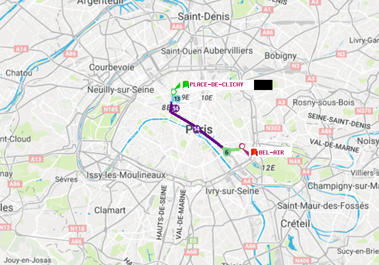 plan itinéraire ratp de Place de Clichy à Bel-Air