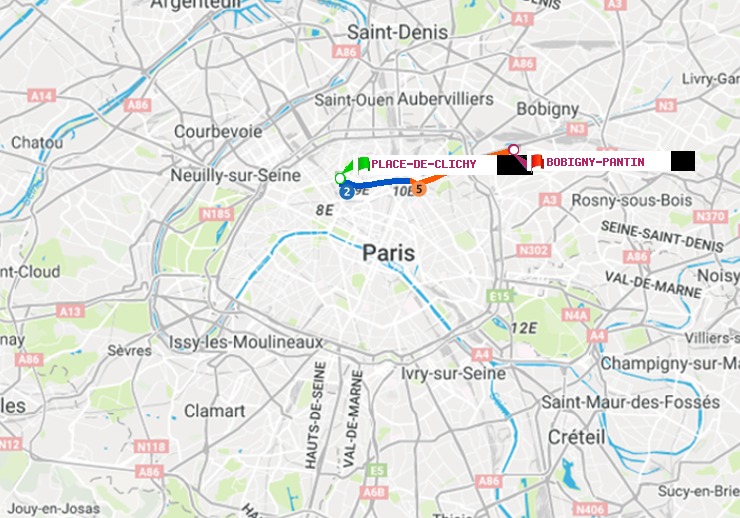 plan itinéraire ratp de Place de Clichy à Bobigny-Pantin (Raymond Queneau)